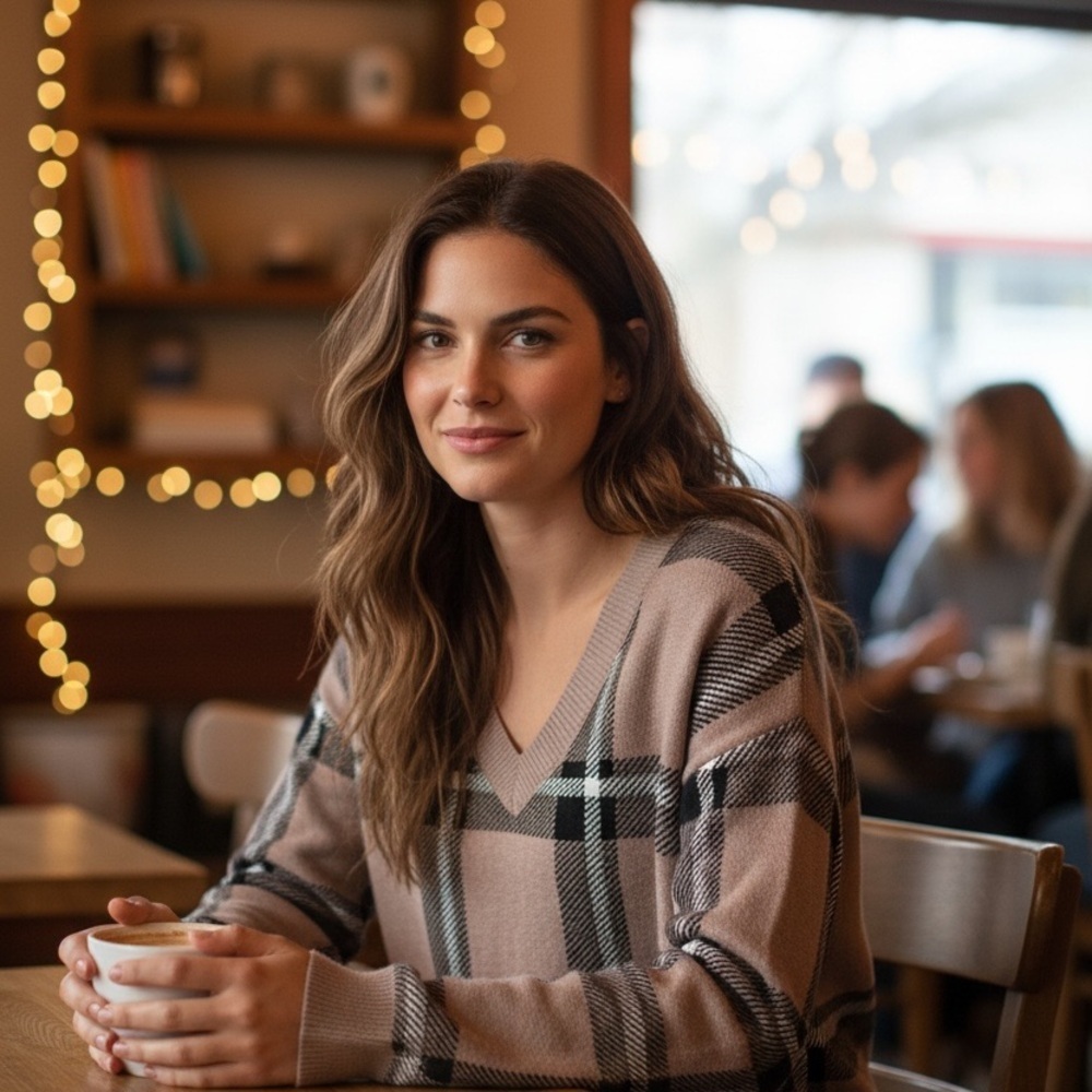Max Studio Plaid V-Neck Sweater - Black and Tan